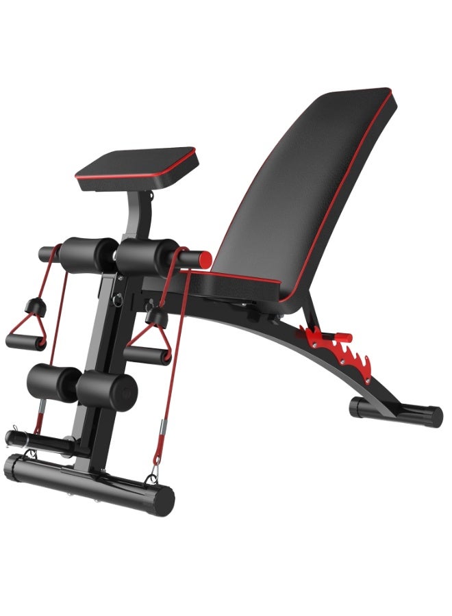 Fitness World A versatile, foldable, and adjustable weightlifting exercise bench with multiple incline positions, armrests, and resistance bands, featuring a sturdy steel frame – ideal for home workouts. - Image 1
